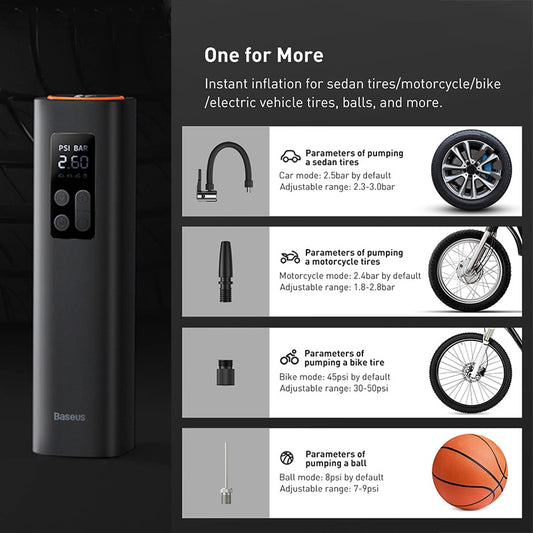 
Portable tire inflator pump connected to car wheel with digital pressure gauge display.
