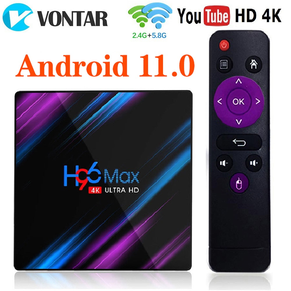 H96 MAX Android TV Box RK3318 4K - Front view with remote control.
