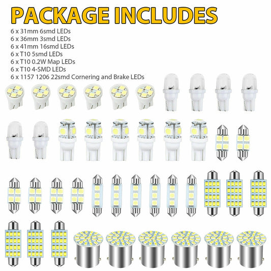 42 Pcs Car Interior White LED Light Mini Bulbs Kit 6000K Canbus Combo Map Trunk Dome Footwell Lamp License Plate Lights Bulbs