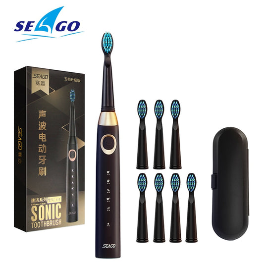 Seago Sonic Electric Toothbrush USB Rechargeable 5 Modes Smart Ultrasonic Toothbrushes Travel Case Oral Care Brush 8 Teeth Heads