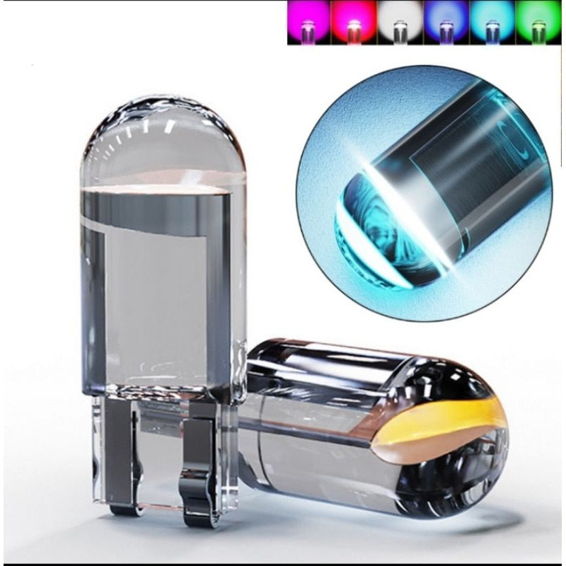 T10 W5W LED Canbus bulbs with COB technology - 6000K white light for car interior lighting.

